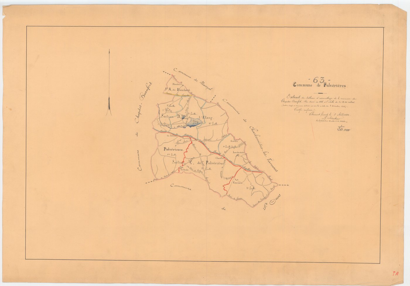 Pulvérières - 53 FI 785      - (8)Extrait du tableau d'assemblage du plan cadastral parcellaire de la commune de Chapdes-Beaufort