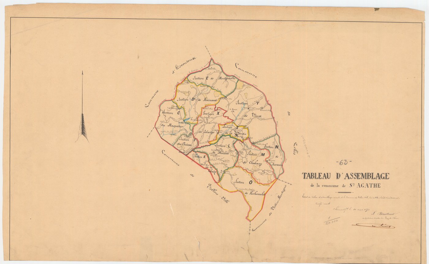 Sainte-Agathe - 55 FI 809      - Extrait du tableau d'assemblage du plan cadastral parcellaire de la commune de Vollore-Ville