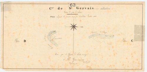 Saint-Gervais-sous-Meymont - 55 FI 955      Extrait du plan du cadastre de la commune de Saint-Gervais-sous-Meymont, plan indiquant les corrosions et alluvions causées par l'inondation d'octobre 1846 sur les sections C et D
