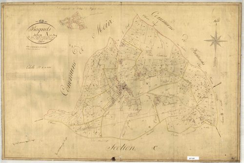 Section A dite du Bourg, feuille unique (parcelles 1-635) avec développement du village de Bagnols (1/1250).