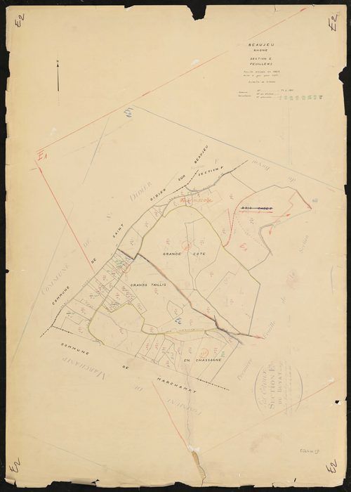 Beaujeu : section E feuille n°2 (ancienne section E 2e feuille des Etoux). Feuille dressée en 1823. Mise à jour pour 1972.