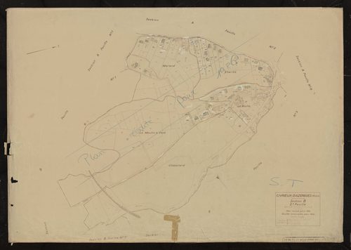 Section B feuille n°2 (partie de l'ancienne feuille unique). Plan révisé pour 1931. Feuille renouvelée pour 1942. Plan réédité pour 1986.