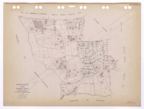 Section unique 12e feuille (ancienne section A de la commune de Grézieu-la Varenne partie de l'ancienne 3e feuille). Plan révisé pour 1935. 3e édition pour 1979. Plan annulé : remanié pour 1990.
