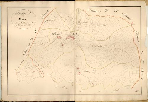 Section A dite de Maux, feuille n°1 (parcelles 1-555) : section rattachée à Meaux-la-Montagne en 1844.