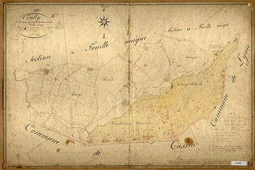 Section E dite de la Demi-Lune, feuille unique (parcelles 1-374) : une partie de la section a été attribuée à Tassin en 1881 (section D).