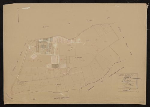 Section B (ancienne section D de Marcy et Sainte Consorce) 4e feuille (partie des anciennes 1ère et 2e feuilles). Plan cadastral révisé pour 1933.