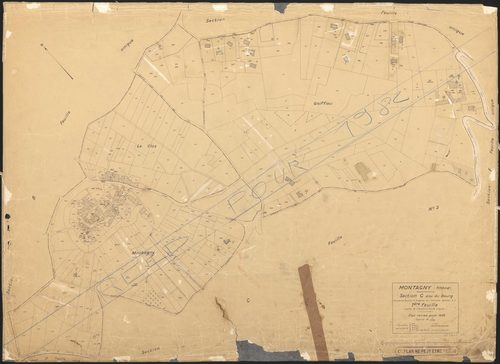 Section C dite du Bourg (ancienne section C et partie de l'ancienne section E), feuille n°1 (partie de l'ancienne feuille unique). Plan révisé pour 1938. Réédité pour 1982.