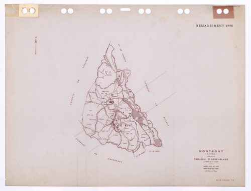 Tableau d'assemblage (TA). Cadastre révisé pour 1938. Edition à jour pour 1985. Feuille annulée. Remaniement 1998.