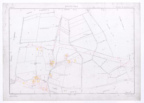Section ZO. Feuille remembrée pour 1991. Dessiné sur le plan en couleur : nouvelles parcelles et bâti.
