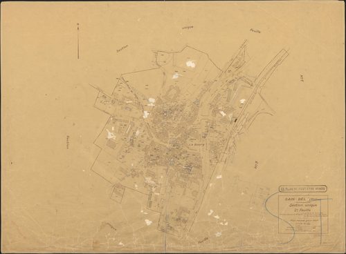 Section unique 2e feuille (parties des anciennes sections et feuilles uniques de Sain Bel, A1 de Sourcieux-les-Mines et A1 de Saint-Pierre-la-Palud). Plan révisé pour 1947.
