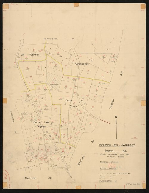 Section AE : parcelles n° 84-85, 146-151, 166-212, 234-246, 250-251. Levé effectué du 1er au 20 décembre 1966 : planchette n° 29.