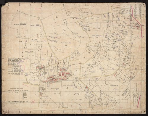 Recto : section B feuille 1 : parcelles n° 121-154. Feuille 2 : parcelles n° 262-312, 315-316, 331-372, 375-379, 383, 477-593, 627, 655-694. Planchette n°2.