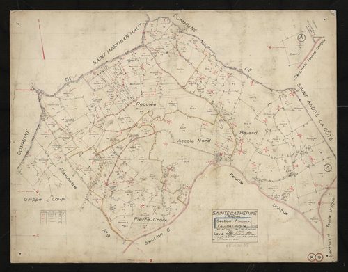 Recto : section F partie Est feuille unique (ancienne section H feuille 1) : parcelles n°1-152, 190-196, 214-223. Levé n°8 effectué du 2 au 25 septembre 1951.