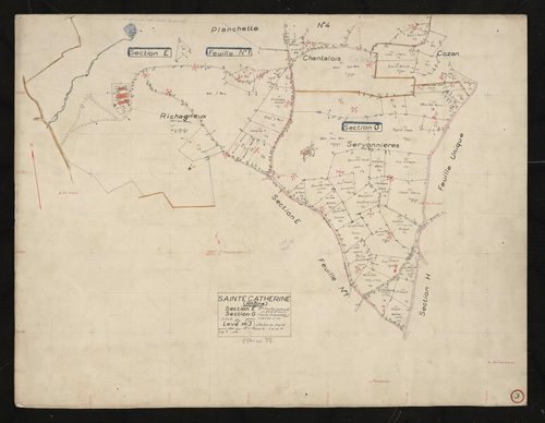 Section E partie Est feuille n°1 : parcelles n°18-25, 30-37. Section G partie Sud feuille unique : parcelles n°42-84, 93. Levé n°3 effectué du 1er au 15 avril 1951.