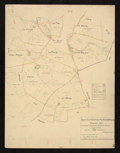 Section AD : parcelles n°10-14, 32-41, 93, 121, 127-142. Levé n°10 effectué du 3 au 13 février 1959.