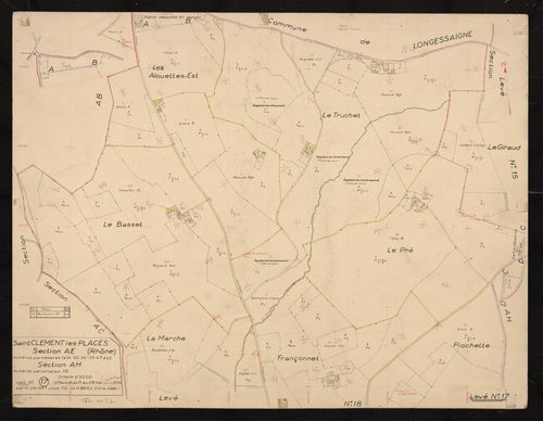 Section AE : parcelles n°1-14, 32, 34-35, 43-45. Section AH : parcelle n°10. Levé n°17 effectué du 11 au 28 mai 1959.