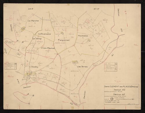 Section AC : parcelles n°37-53. Section AE : parcelles n°14-33, 35-43. Levé n°18 effectué du 28 mai au 10 juin 1959.