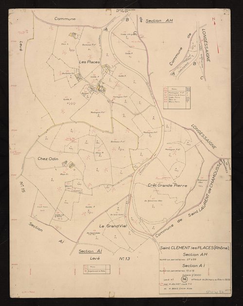 Sections AH et AI. Levé n°14 effectué du 24 mars au 9 avril 1959. Section AH : parcelles n°27-59. Section AI : parcelles n°13-15.