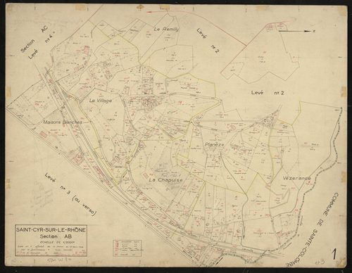 Section AB : parcelles n°37-38, 51-57, 77-94, 99-196. Levé n° 1 effectué du 15 janvier au 15 mars 1958.