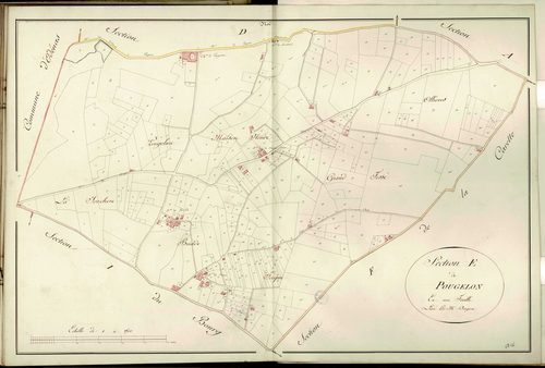 Section E dite de Pougelon, feuille unique (parcelles 1-435) : une partie de la section a été attribuée à Saint-Etienne-des-Oullières en 1867.