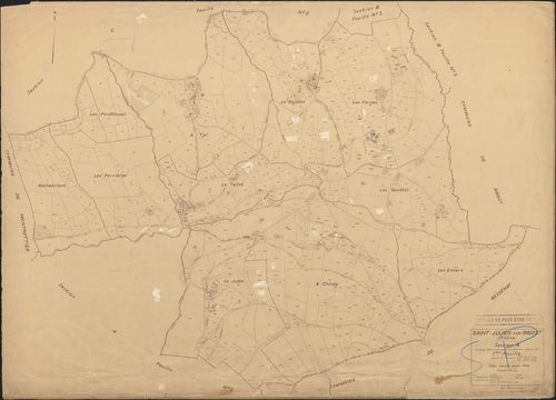 Section A (ancienne section A et partie de l'ancienne section B) 1ère feuille (partie de l'ancienne 1ère feuille de la section A, 2e feuille de la section A et 2e feuille de la section B). Plan révisé pour 1938.
