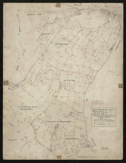 Verso : section AK partie Est : parcelles n°71, 87-92, 95-146, 151-152. Section AL partie Est : parcelles n° 52-107, 118. Levé effectué du 15 octobre au 5 novembre 1953 : planchette n° 1 J.