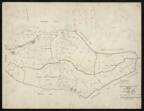 Recto : section AI partie Sud (ancienne E feuille n° 2) : parcelles n° 51-53, 67-68, 115-161, 168, 172-186, 189-190. Levé effectué du 15 novembre au 15 décembre 1953 : planchette n° 2 M.