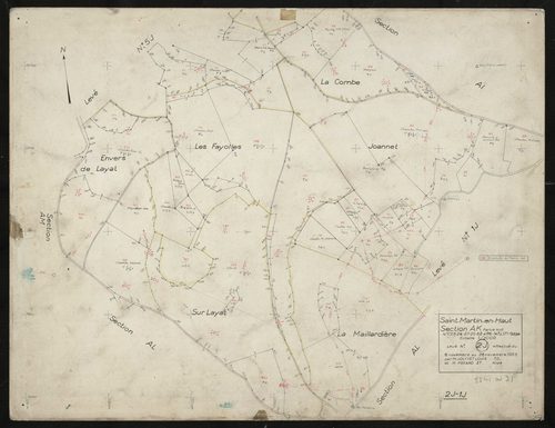 Recto : section AK partie Sud : parcelles n° 23-25, 27, 62-86, 93-94, 147-171. Levé effectué du 6 au 26 novembre 1953 : planchette n° 2 J.