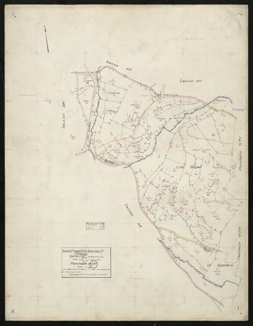 Verso : section AI partie Ouest (ancienne E feuille n° 2) : parcelles 51-54, 60-89, 187-194. Levé effectué du 15 décembre 1953 au 1er janvier 1954 : planchette n° 3 M.