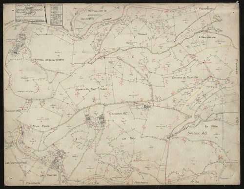 Verso : sections AC partie Nord : parcelles n° 1-79, 81-91, 251-255, 257-268, 272-281, 283-293. Section AD partie Ouest : n° 47-53, 145-147, 152-153, 160-163, 165, 185-195, 197-240. Levé effectué du 1er janvier au 15 février 1954 : planchette n° 4 M