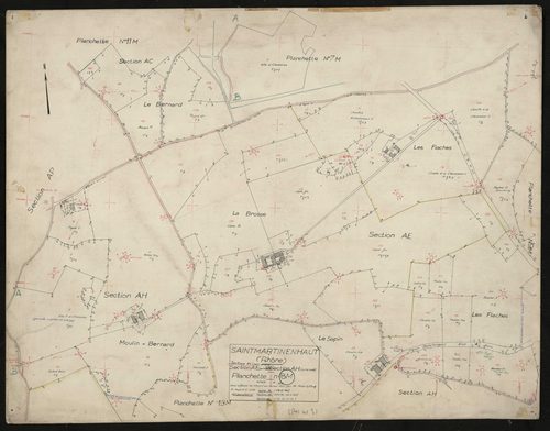 Recto : section AC partie Sud-Ouest : parcelles 178-182. Section AE partie Ouest : parcelles 69-179, 112-140. Section AH partie Nord : parcelles 1-14, 19, 23-24. Levé effectué du 25 avril au 20 mai 1954 : planchette n° 8 M.