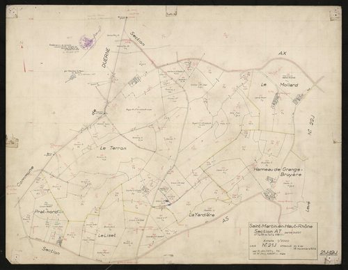 Verso : section AT partie Ouest : parcelles n° 1-59, 147-180. Levé effectué du 4 au 18 novembre 1954 : planchette n° 21 J.