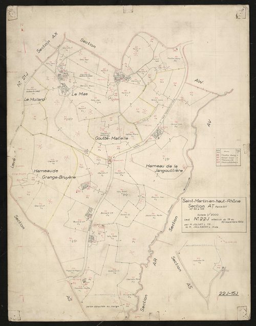 Verso : section AT partie Est : parcelles n° 60-146. Levé effectué du 19 au 30 novembre 1954 : planchette n° 22 J.