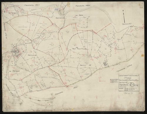 Verso : section AC partie Est : parcelles n° 143-177, 196-222. Section AD partie Sud : parcelles n° 139-144, 147-148. Section AE partie Nord : parcelles n° 1-33, 36. Levé effectué du 1er au 25 avril 1954 : planchette n° 7 M.
