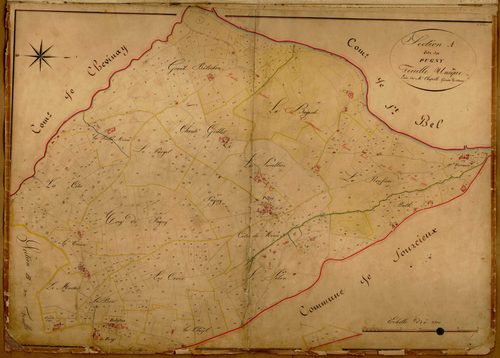Section A dite de Pugny, feuille unique (parcelles 1-881) : une partie de la section a été attribuée à Sain Bel en 1855.