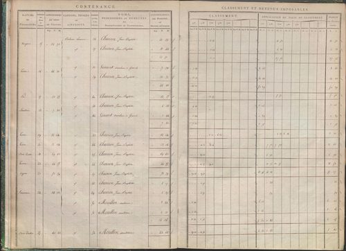 États de sections des propriétés non bâties et bâties : section A dite de Clairin, section B dite de Palaverin, section C dite de Morel, section D dite du Trouilloux (1808). Matrice de rôle des propriétés non bâties et bâties (1808).