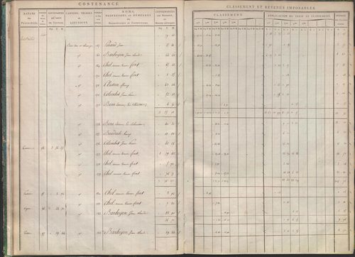 États de sections des propriétés non bâties et bâties : section A dite de Clairin, section B dite de Palaverin, section C dite de Morel, section D dite du Trouilloux (1808). Matrice de rôle des propriétés non bâties et bâties (1808).