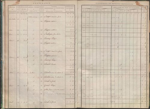 États de sections des propriétés non bâties et bâties : section A dite de Clairin, section B dite de Palaverin, section C dite de Morel, section D dite du Trouilloux (1808). Matrice de rôle des propriétés non bâties et bâties (1808).