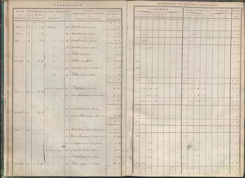 États de sections des propriétés non bâties et bâties : section A dite de Clairin, section B dite de Palaverin, section C dite de Morel, section D dite du Trouilloux (1808). Matrice de rôle des propriétés non bâties et bâties (1808).