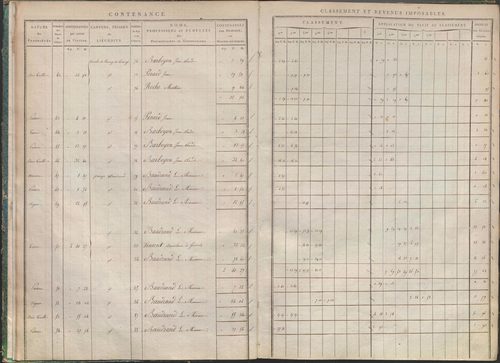 États de sections des propriétés non bâties et bâties : section A dite de Clairin, section B dite de Palaverin, section C dite de Morel, section D dite du Trouilloux (1808). Matrice de rôle des propriétés non bâties et bâties (1808).