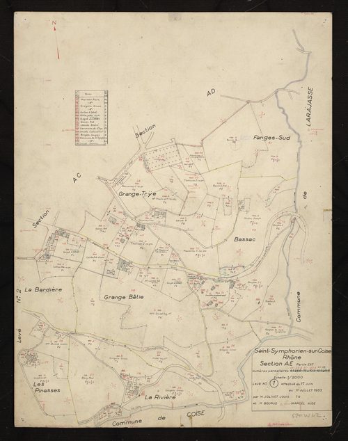 Section AE partie Est : parcelles 21, 25-41, 43-78. Levé n°1 effectué du 1er juin au 11 juillet 1955.