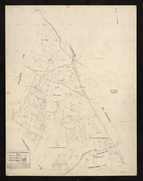 Section AH partie Est : parcelles n° 45-74, 88, 90-144. Section AI partie Nord : parcelles n° 1-5, 13. Levé effectué du 25 avril au 21 septembre 1955 : planchette n°17.