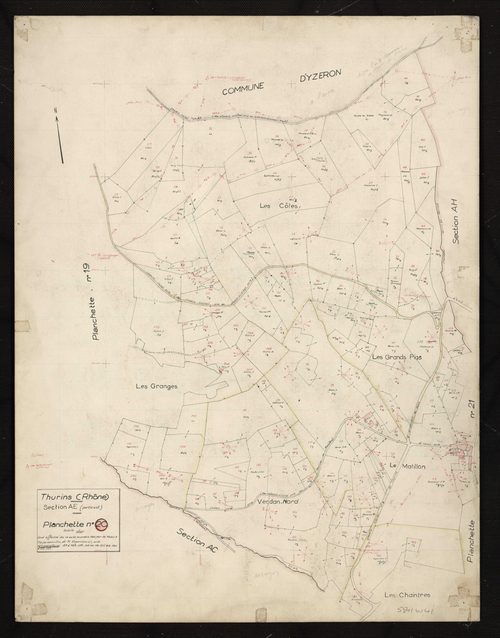Section AE partie Est : parcelles n° 27-125, 128, 165-166, 169, 172-212, 230-232, 255. Levé effectué du 14 au 30 novembre 1955 : planchette n°20.