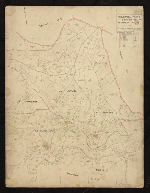 Section AP partie Nord-Est : parcelles n° 56-61, 63-65, 111-242, 256-272, 280-283, 291, 293-298, 301-303, 311-356. Levé effectué du 1er septembre au 10 novembre 1956 : planchette n°2R.