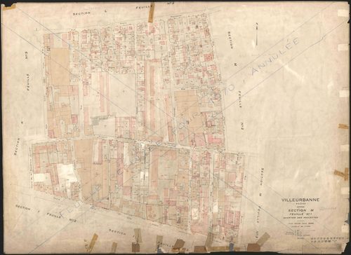 Section M feuille n°1 quartier des Poulettes. Plan revisé pour 1944. Feuille rééditée pour 1970. Feuille annulée.