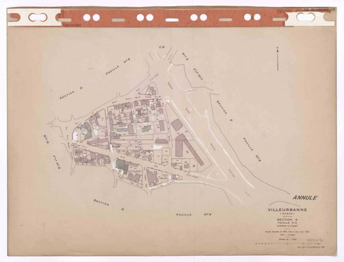 Section G feuille n°3 quartier de Cusset. Feuille dressée en 1812, mise à jour pour 1944. 3e édition à jour pour 1979. Plan annulé.