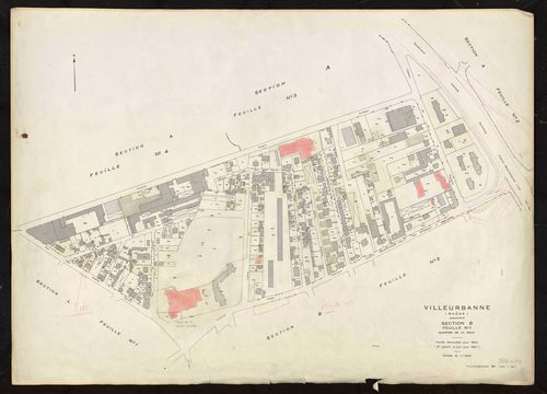 Section B feuille n°1 quartier de la Doua. Feuille dressée en 1812, mise à jour pour 1944. 2e édition à jour pour 1967.