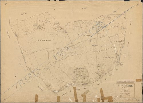 Section A 4e feuille (partie de l'ancienne 3e feuille). Plan révisé pour 1938. Calque cliché de reproduction mis à jour pour 1968. Réédité pour 1979.
