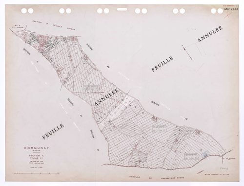 Section C feuille n°1. Plan révisé pour 1939. Edition à jour pour 1985. Plan annulé : en partie incorporé dans les sections remembrées ZD, ZE et ZH.
