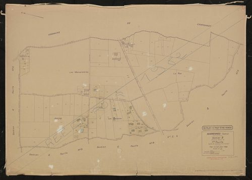 Section B (ancienne section D) 1ère feuille (partie des anciennes 1ère et 2e feuilles). Plan révisé pour 1935. Calque cliché de reproduction mis à jour pour 1968. Réédition pour 1982.